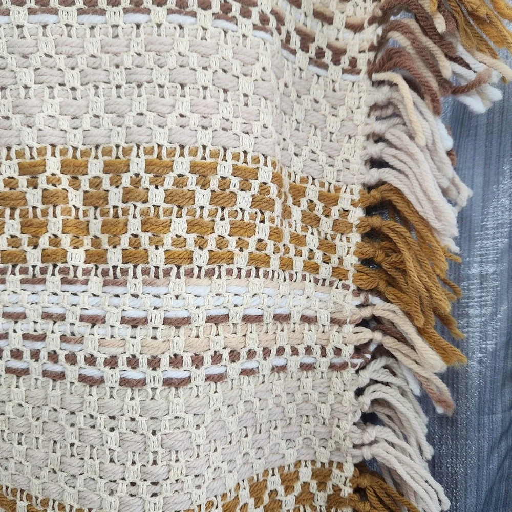 Vintage Woven Striped Throw Blanket Mustard Cream Brown Boho Earthy Fringe 45x56